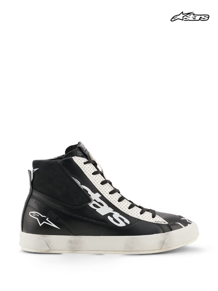 Alpinestars Stated Flair Shoes, men's urban motorcycle riding shoes in black and white, high-top leather design with CE-certified ankle protection and vintage racing patina