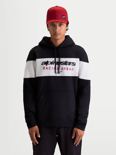 Alpinestars Cubic Hoodie, Men's Sportswear Pullover Fleece, Black and White color-blocked design with bold Alpinestars Racing Ahead logo on the chest, features a drawstring hood and front pouch pocket, casual off-bike lifestyle apparel.