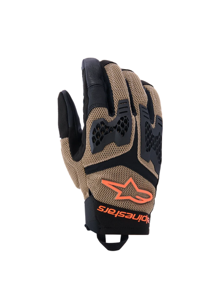 Alpinestars Manti Air Gloves, Motorcycle Gloves, Dark Khaki and Black with Orange Fluo accents, featuring 3D stretch mesh construction, injected knuckle protection with perforated design, orange star logo, and secure wrist closure, designed for summer adventure and road riding