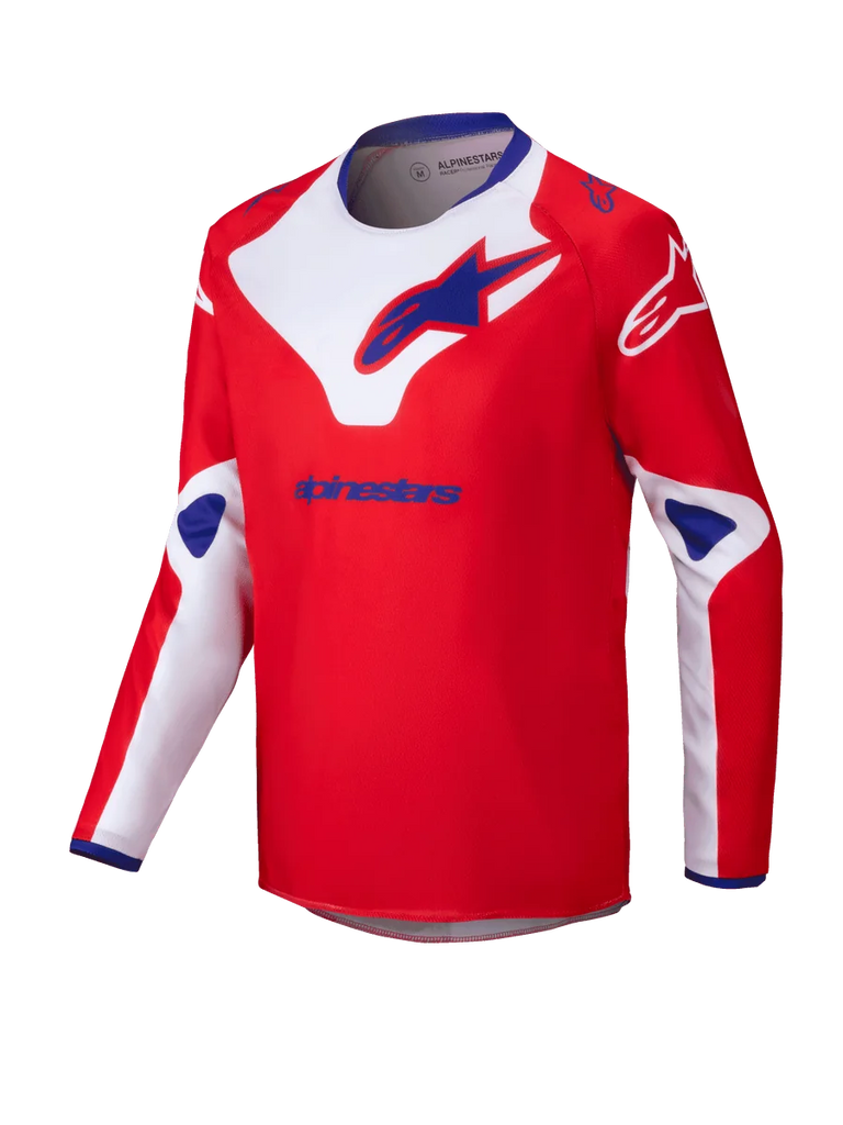 Alpinestars 2025 Youth Racer Veil Jersey, Motocross Jersey, Red with White and Blue accents, long sleeve moisture-wicking fabric, large Alpinestars logos on chest and shoulders, blue inner collar, performance off-road apparel
