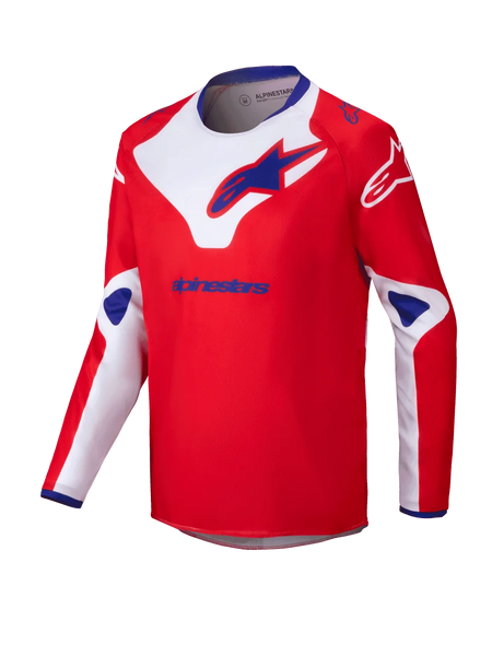 Alpinestars 2025 Youth Racer Veil Jersey, Motocross Jersey, Red with White and Blue accents, long sleeve moisture-wicking fabric, large Alpinestars logos on chest and shoulders, blue inner collar, performance off-road apparel