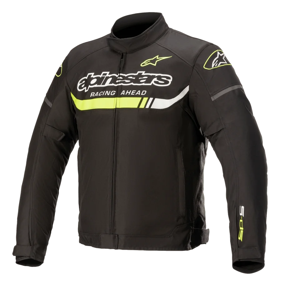 Alpinestars T-SP S Ignition Waterproof Jacket, textile motorcycle jacket, Black with Yellow Fluo and White accents, featuring bold Alpinestars branding and 'Racing Ahead' text on the chest, a neon yellow horizontal stripe, and a sleek racing-inspired design.