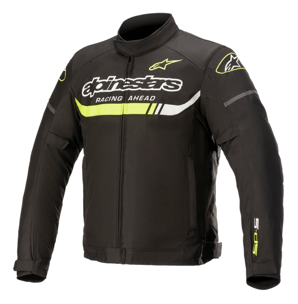 Alpinestars T-SP S Ignition Waterproof Jacket, textile motorcycle jacket, Black with Yellow Fluo and White accents, featuring bold Alpinestars branding and 'Racing Ahead' text on the chest, a neon yellow horizontal stripe, and a sleek racing-inspired design.