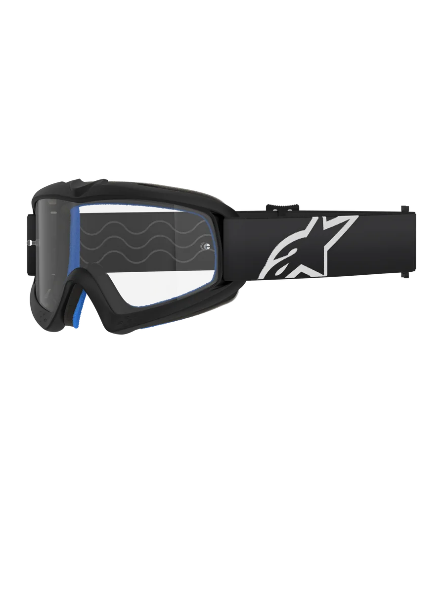 Alpinestars Vision Youth Corp Goggles, Motocross Goggles for Youth, Black with Blue Padding, Clear Lens with Wavy Pattern, Black Strap with White Star Logo, Sleek Modern Design
