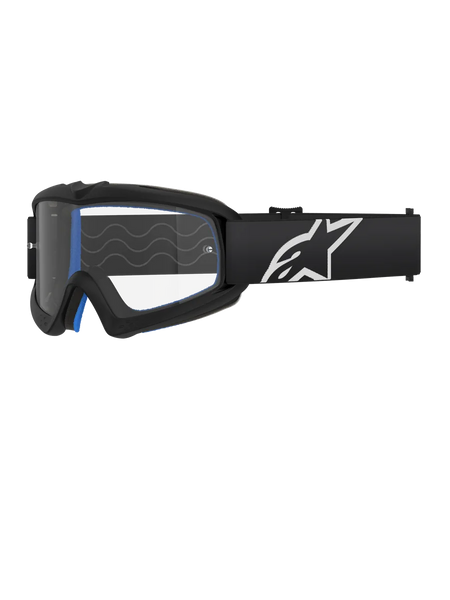 Alpinestars Vision Youth Corp Goggles, Motocross Goggles for Youth, Black with Blue Padding, Clear Lens with Wavy Pattern, Black Strap with White Star Logo, Sleek Modern Design