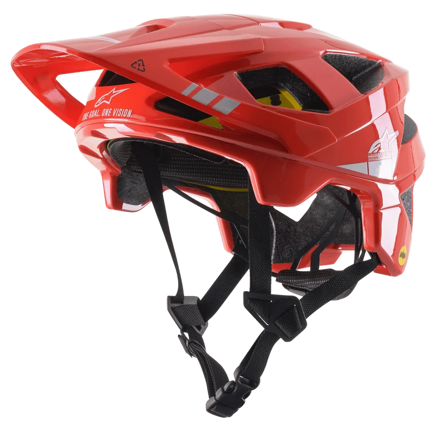 Alpinestars Vector Tech A2 MTB Helmet, Bright Red with Light Gray Glossy accents, white Alpinestars logos and graphics, adjustable visor, multiple ventilation ports, black chin straps, and lightweight mountain bike design