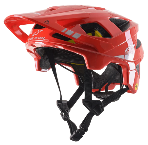 Alpinestars Vector Tech A2 MTB Helmet, Bright Red with Light Gray Glossy accents, white Alpinestars logos and graphics, adjustable visor, multiple ventilation ports, black chin straps, and lightweight mountain bike design