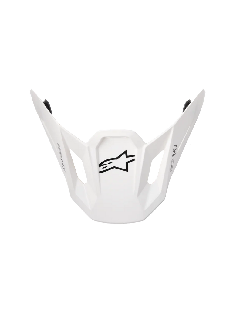 Alpinestars S-M7 Solid ECE06 Visor, replacement motocross helmet peak, White Glossy finish, featuring a black star logo, angular aerodynamic design with rectangular ventilation cutouts, compatible with S-M7 helmets
