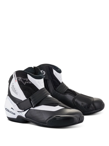 Alpinestars SMX-1 R V2 Vented Boots, low-cut motorcycle riding shoes, Black and White, featuring perforated microfiber upper for ventilation, TPU heel counter and shift pad, side zipper with strap closure, designed for performance road and sport riding