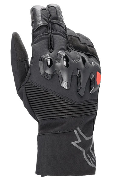 Alpinestars Bogota Drystar XF Gloves, full-length motorcycle touring gloves, black with a red logo accent, featuring over-injected knuckle protection, ribbed stretch wrist panels, and a long cuff with a grey star logo.