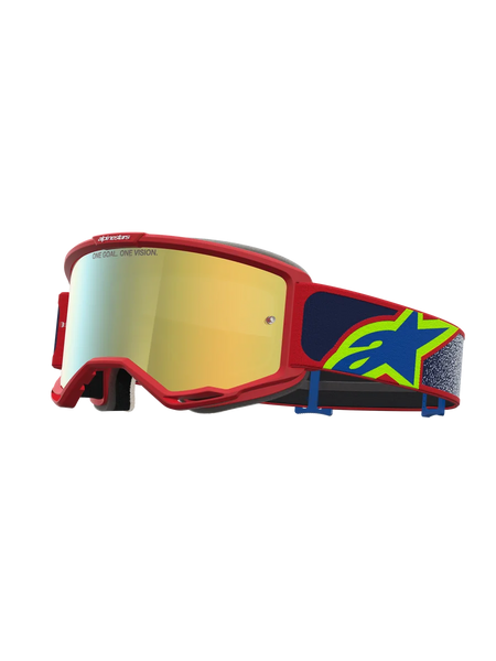 Alpinestars Vision 5 Drag Goggles, Motocross Racing Goggles, Red Frame with Gold Mirror Lens and Blue Star Logo Strap.