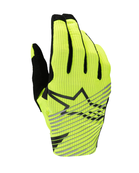 Alpinestars 2025 Radar Pro Gloves, Motocross Gloves, Yellow Fluo and Black, single-layer breathable mesh backhand, black star logo with diagonal gray stripes, high-performance gear for off-road racing