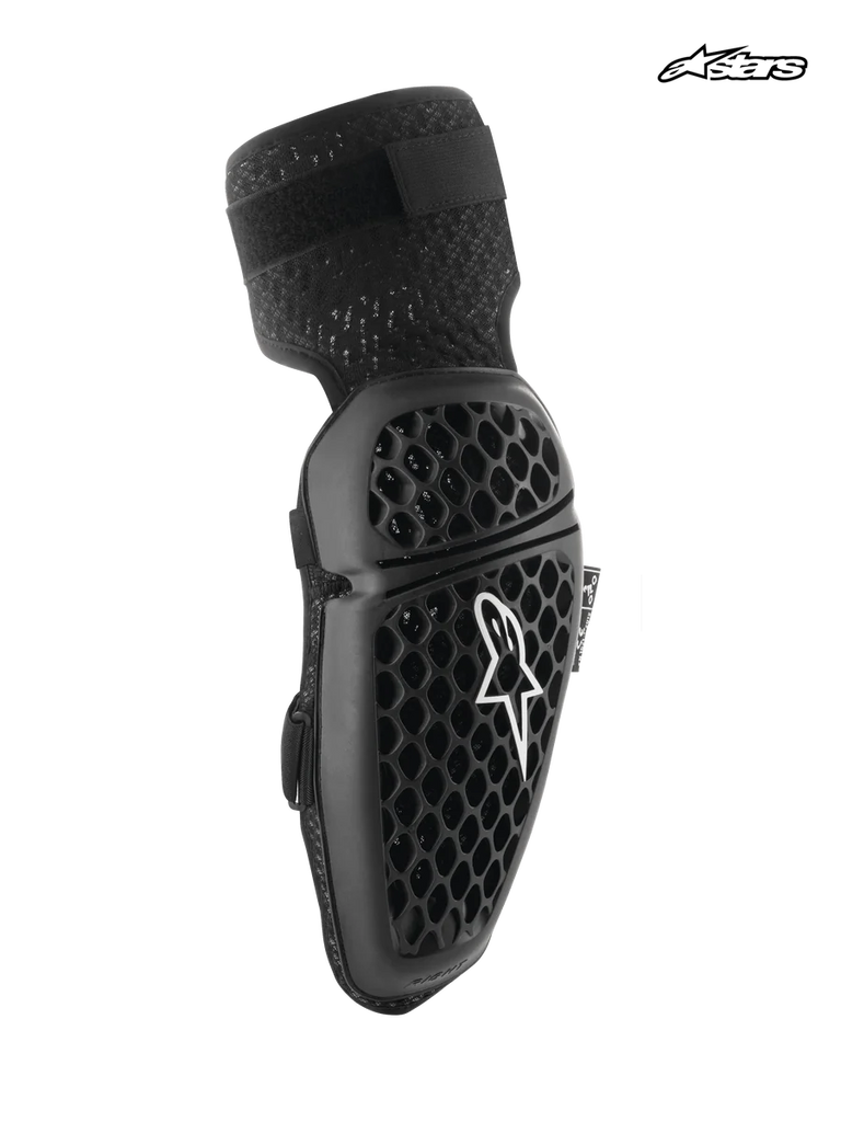 Alpinestars Bionic Plus Elbow Protectors, mountain bike and cycling elbow guards in black, featuring Level 1 CE certified honeycomb shell construction, 3D mesh panels, and dual strap closure system