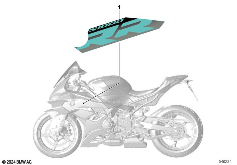 Official BMW S1000RR diagram: left fairing decal 51145B37083, reference 1; decal only