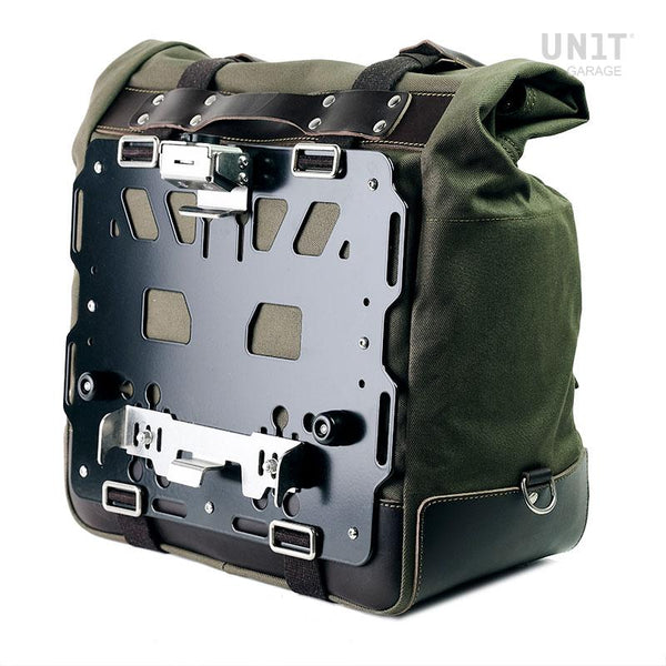 Unit Garage U203 Cult side pannier in waxed cotton with aluminium back plate + stainless steel quick release system and lock