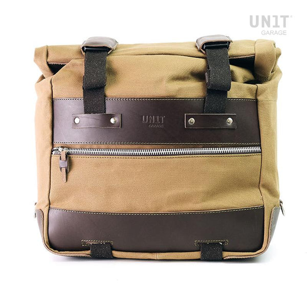 Unit Garage U203 Cult side pannier in waxed cotton with aluminium back plate + stainless steel quick release system and lock
