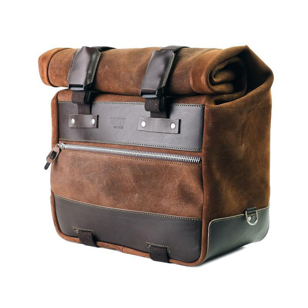 Unit Garage U204+A15 Cult side pannier in waxed suede with aluminium back plate + stainless steel quick release system and lock