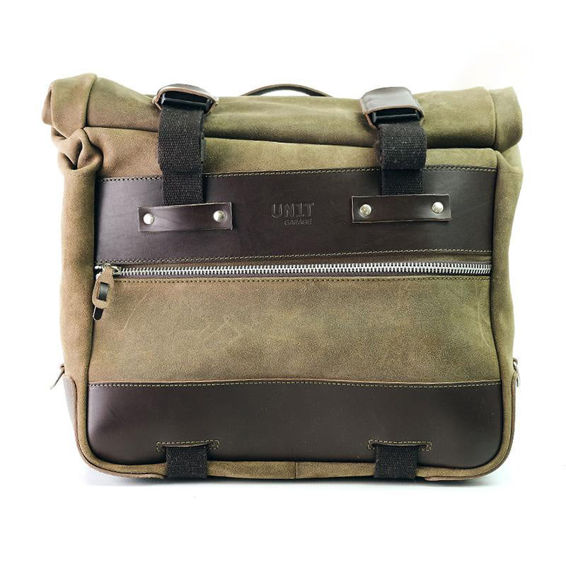 Unit Garage U204+A15 Cult side pannier in waxed suede with aluminium back plate + stainless steel quick release system and lock