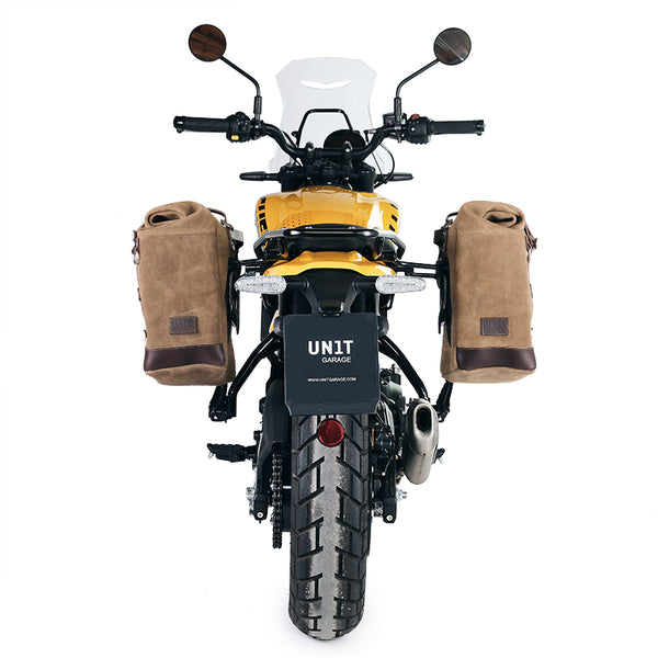 Unit Garage U202+3850DX Waxed suede side pannier Scram 22L-30L  + Right Frame Royal Enfield Guerrilla 450