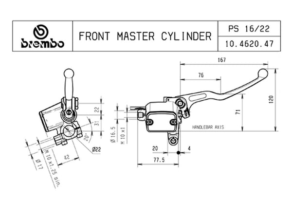 BREMBO PS16 Axial Front Brake Master Cylinder with Reservoir – 10462047 — reference image