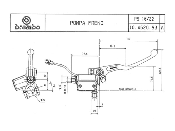BREMBO PS16 Axial Front Brake Master Cylinder, Black, With Reservoir – 10462093 — reference image