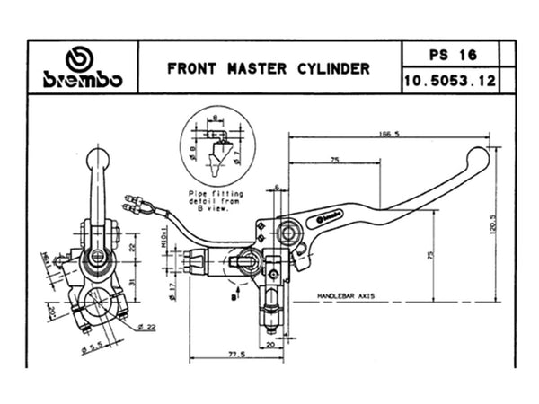 BREMBO PS16 Axial Front Brake Master Cylinder, Gold, Without Reservoir – 10505312 — reference image
