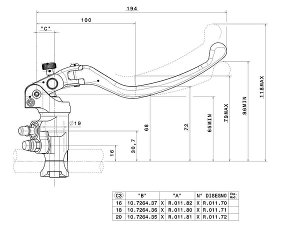 BREMBO Racing PR19×16 CNC Radial Front Brake Master Cylinder – XR01170 — reference image