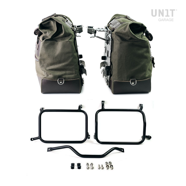 Unit Garage U203C+3306_BL Pair of Cult side bags in Canvas 40L - 50L + Pair of aluminum plates + Inox Subframes for Atlas aluminum side panniers HD Pan America
