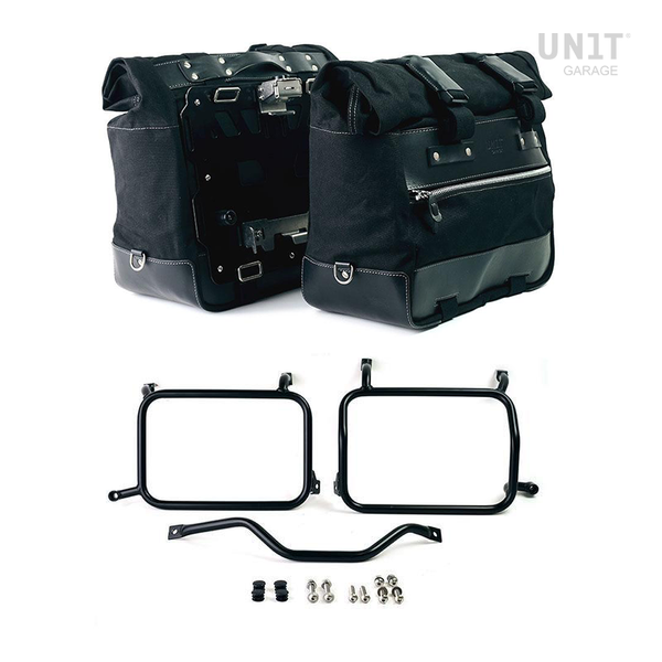 Unit Garage U203C+3306_BL Pair of Cult side bags in Canvas 40L - 50L + Pair of aluminum plates + Inox Subframes for Atlas aluminum side panniers HD Pan America