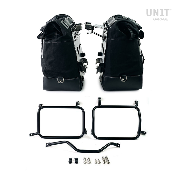 Unit Garage U203C+3306_BL Pair of Cult side bags in Canvas 40L - 50L + Pair of aluminum plates + Inox Subframes for Atlas aluminum side panniers HD Pan America