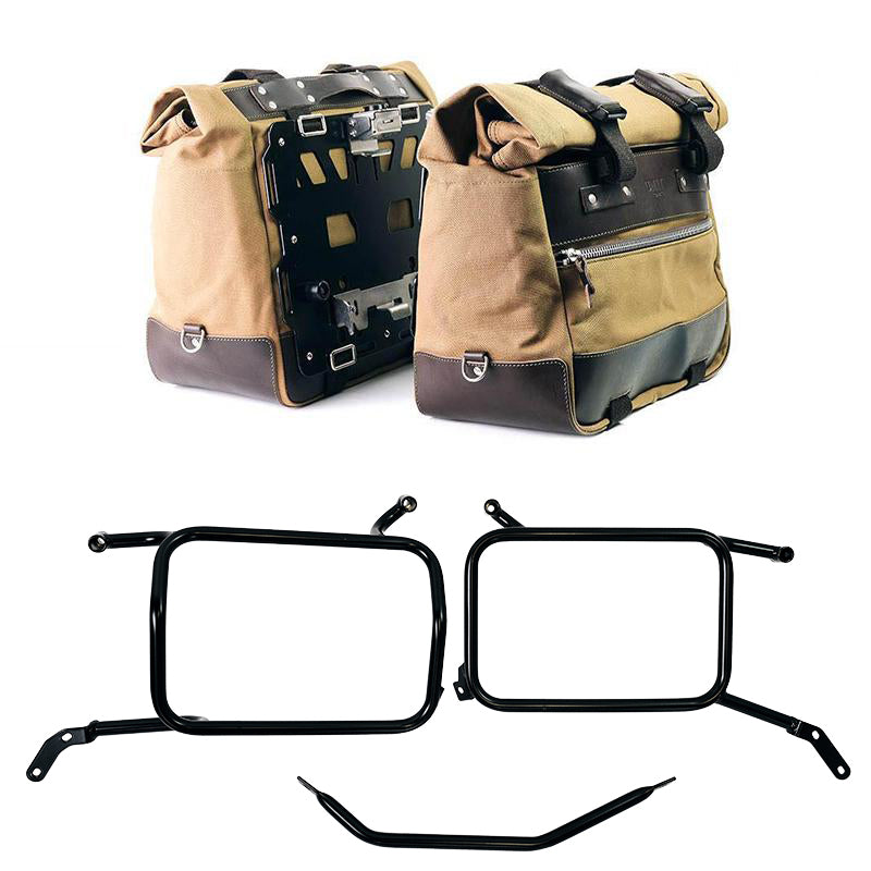 Unit Garage U203C+2281_BL Pair of Cult side bags in Canvas 40L - 50L + Pair of aluminum plates + Inox Subframe for Aluminium side panniers Moto Guzzi V85 TT (2024 until now)