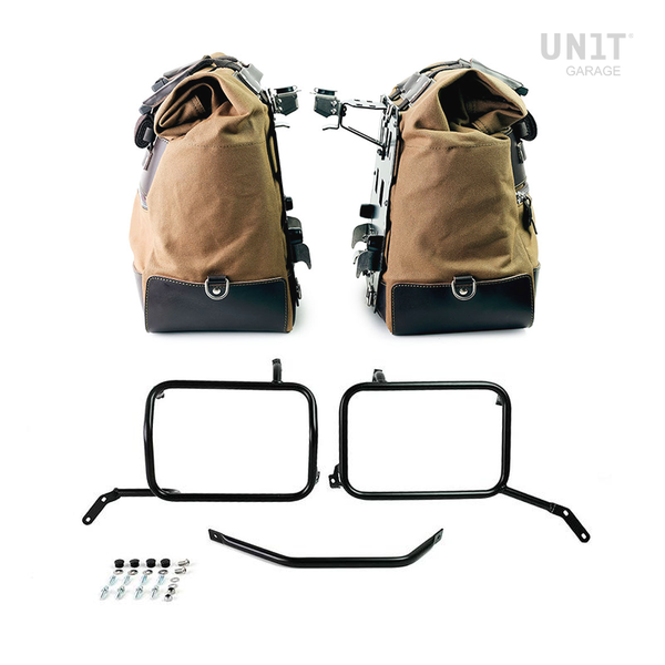 Unit Garage U203C+2252_BL Pair of Cult side bags in Canvas 40L - 50L + Pair of aluminum plates + Inox Subframe for Aluminium side panniers Moto Guzzi V85TT