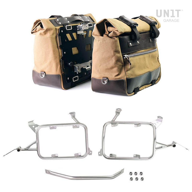 Unit Garage U203C+1927 Pair of Cult side panniers in Canvas 40L - 50L + Pair of aluminum plates + Subframes for aluminum side panniers Atlas R1200GS LC - R1250GS & ADV