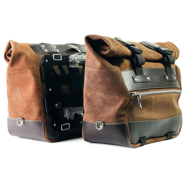 Unit Garage U204C+4182 Pair of Cult side panniers in waxed suede with aluminium back plate + pair of stainless steel quick release system and lock + Subframes for aluminum side panniers Atlas Honda Transalp 750 (2023 until now)