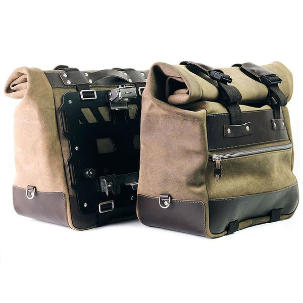 Unit Garage U204C+4182 Pair of Cult side panniers in waxed suede with aluminium back plate + pair of stainless steel quick release system and lock + Subframes for aluminum side panniers Atlas Honda Transalp 750 (2023 until now)