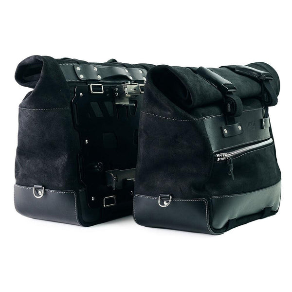 Unit Garage U204C+4182 Pair of Cult side panniers in waxed suede with aluminium back plate + pair of stainless steel quick release system and lock + Subframes for aluminum side panniers Atlas Honda Transalp 750 (2023 until now)