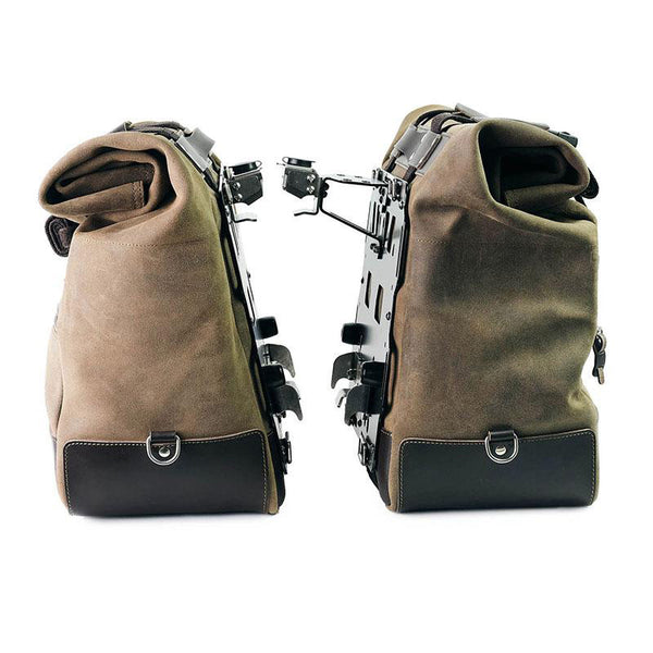 Unit Garage U204C+4182 Pair of Cult side panniers in waxed suede with aluminium back plate + pair of stainless steel quick release system and lock + Subframes for aluminum side panniers Atlas Honda Transalp 750 (2023 until now)