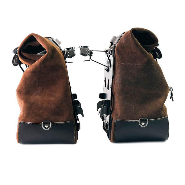 Unit Garage U204C Pair of Cult side panniers in waxed suede with aluminium back plate + pair of stainless steel quick release system and lock