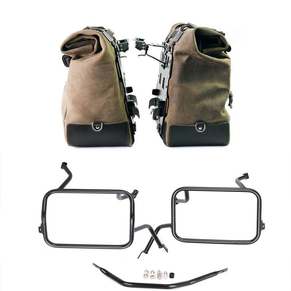 Unit Garage U204C+5502 Pair of Cult side panniers in waxed suede with aluminium back plate + pair of stainless steel quick release system and lock + Subframes for aluminum side panniers Atlas BMW F450GS