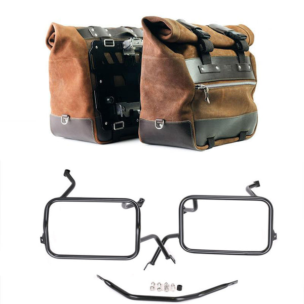 Unit Garage U204C+5502 Pair of Cult side panniers in waxed suede with aluminium back plate + pair of stainless steel quick release system and lock + Subframes for aluminum side panniers Atlas BMW F450GS