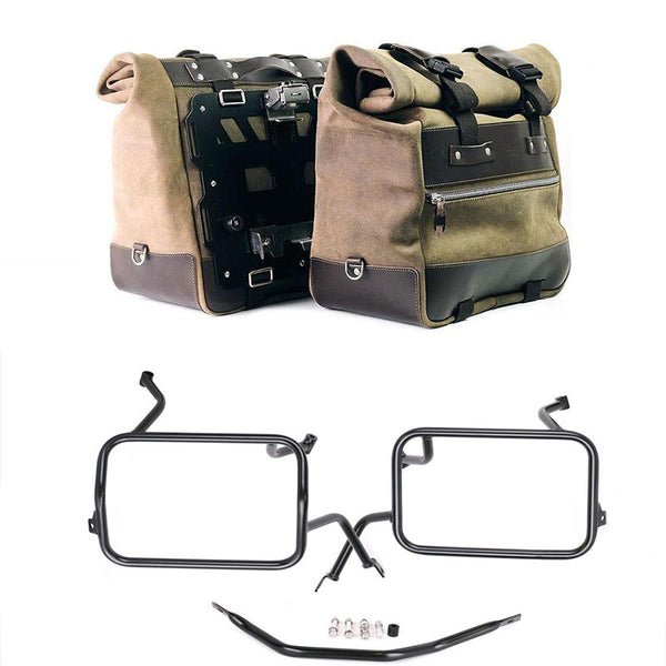 Unit Garage U204C+5502 Pair of Cult side panniers in waxed suede with aluminium back plate + pair of stainless steel quick release system and lock + Subframes for aluminum side panniers Atlas BMW F450GS
