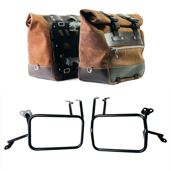 Unit Garage U204C+4702 Pair of Cult side panniers in waxed suede with aluminium back plate + pair of stainless steel quick release system and lock + Aluminium bag frames Atlas KTM 1290/1390 Super Adventure S-R