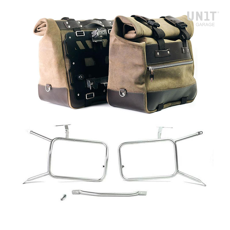 Unit Garage U204C+1641 Pair of Cult side panniers in waxed suede with aluminium back plate + pair of stainless steel quick release system and lock + Inox Subframe NineT-Series