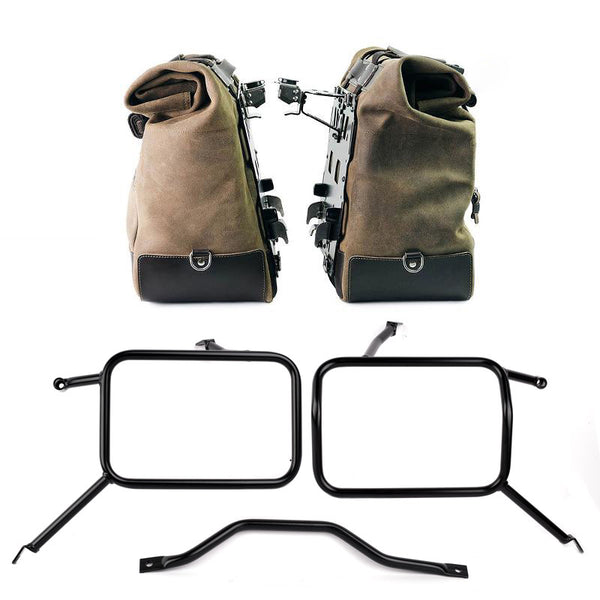 Unit Garage U204C+3172 Pair of Cult side panniers in waxed suede with aluminium back plate + pair of stainless steel quick release system and lock + Frames for Atlas aluminum side panniers Triumph Street Scrambler 900 (2026 until now)