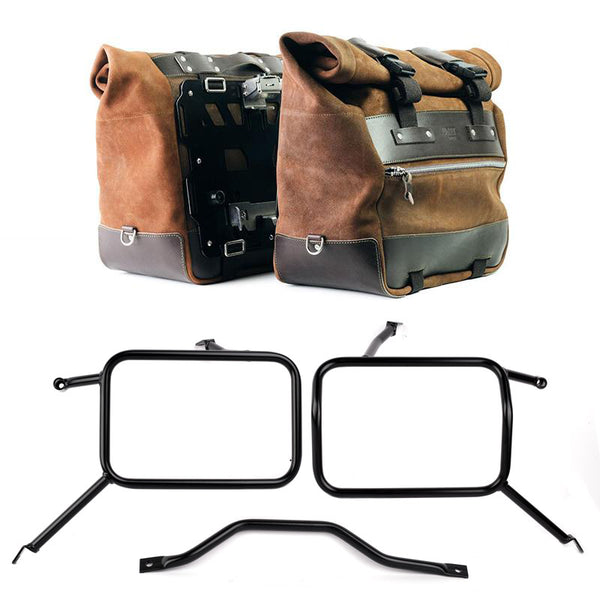 Unit Garage U204C+3172 Pair of Cult side panniers in waxed suede with aluminium back plate + pair of stainless steel quick release system and lock + Frames for Atlas aluminum side panniers Triumph Street Scrambler 900 (2026 until now)