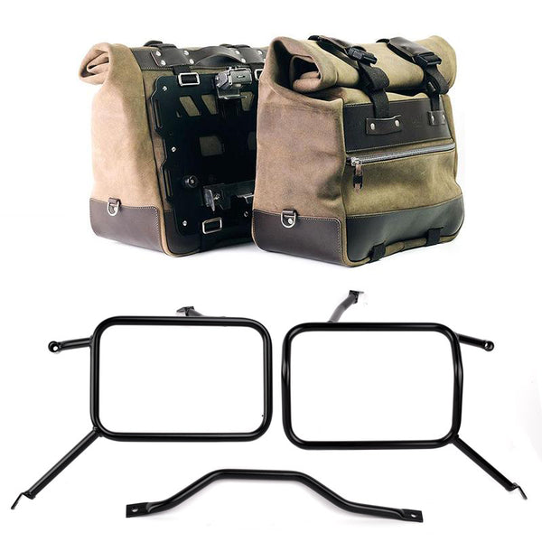 Unit Garage U204C+3172 Pair of Cult side panniers in waxed suede with aluminium back plate + pair of stainless steel quick release system and lock + Frames for Atlas aluminum side panniers Triumph Street Scrambler 900 (2026 until now)