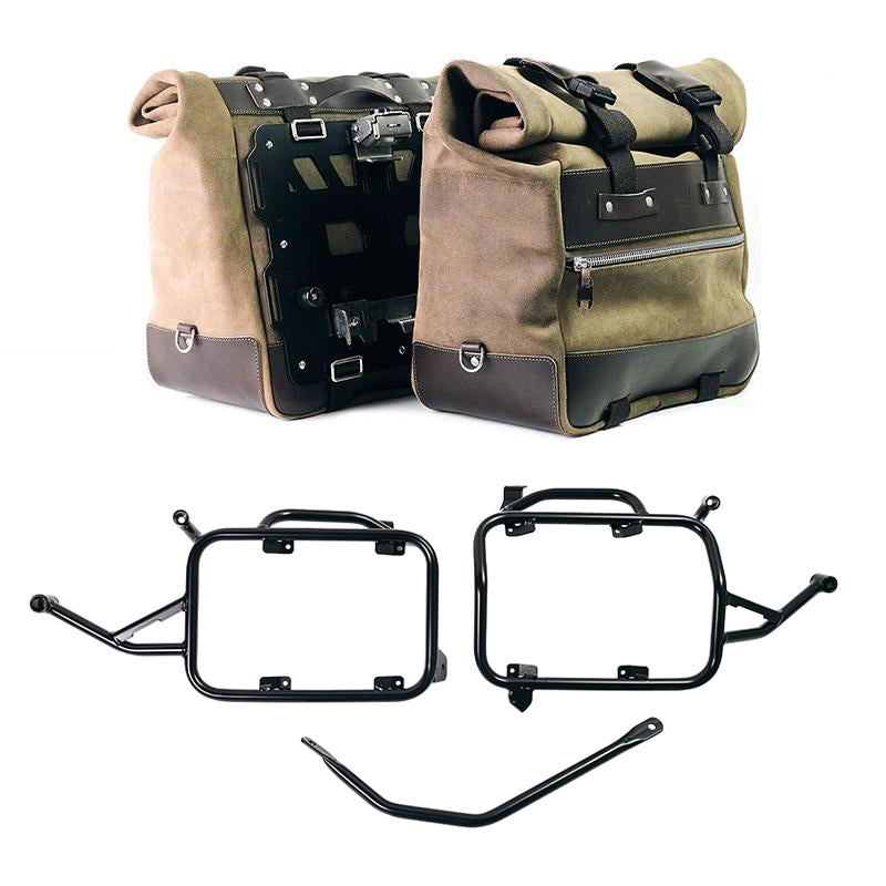 Unit Garage U204C+4502 Pair of Cult side panniers in waxed suede with aluminium back plate + pair of stainless steel quick release system and lock + Inox Subframe for Aluminium side panniers BMW F900GS