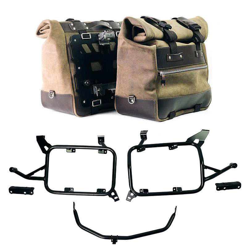 Unit Garage U204C+4552 Pair of Cult side panniers in waxed suede with aluminium back plate + pair of stainless steel quick release system and lock + Inox Subframe for Aluminium side panniers BMW F850GS and ADV