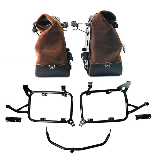 Unit Garage U204C+4552 Pair of Cult side panniers in waxed suede with aluminium back plate + pair of stainless steel quick release system and lock + Inox Subframe for Aluminium side panniers BMW F850GS and ADV