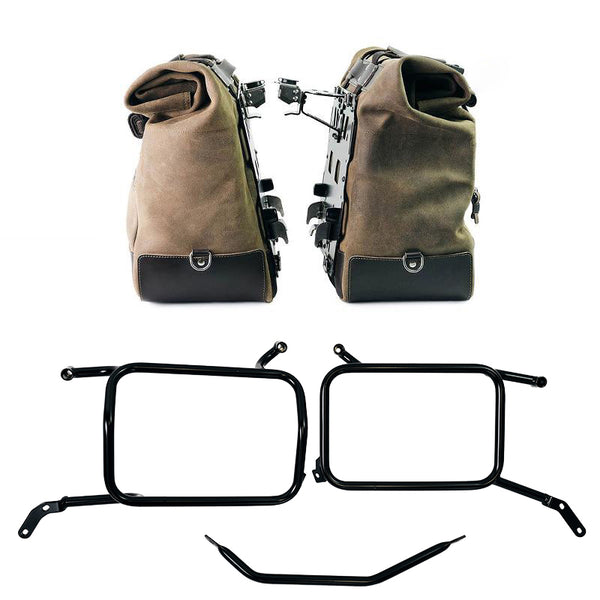 Unit Garage U204C+2281_BL Pair of Cult side panniers in waxed suede with aluminium back plate + pair of stainless steel quick release system and lock + Inox Subframe for Aluminium side panniers Moto Guzzi V85 TT (2024 until now)